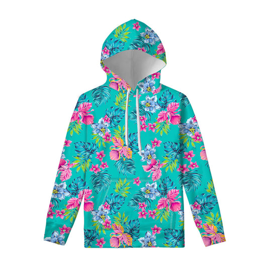Teal Aloha Tropical Pattern Print Pullover Hoodie