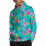 Teal Aloha Tropical Pattern Print Pullover Hoodie