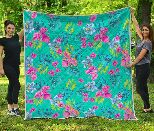 Teal Aloha Tropical Pattern Print Quilt