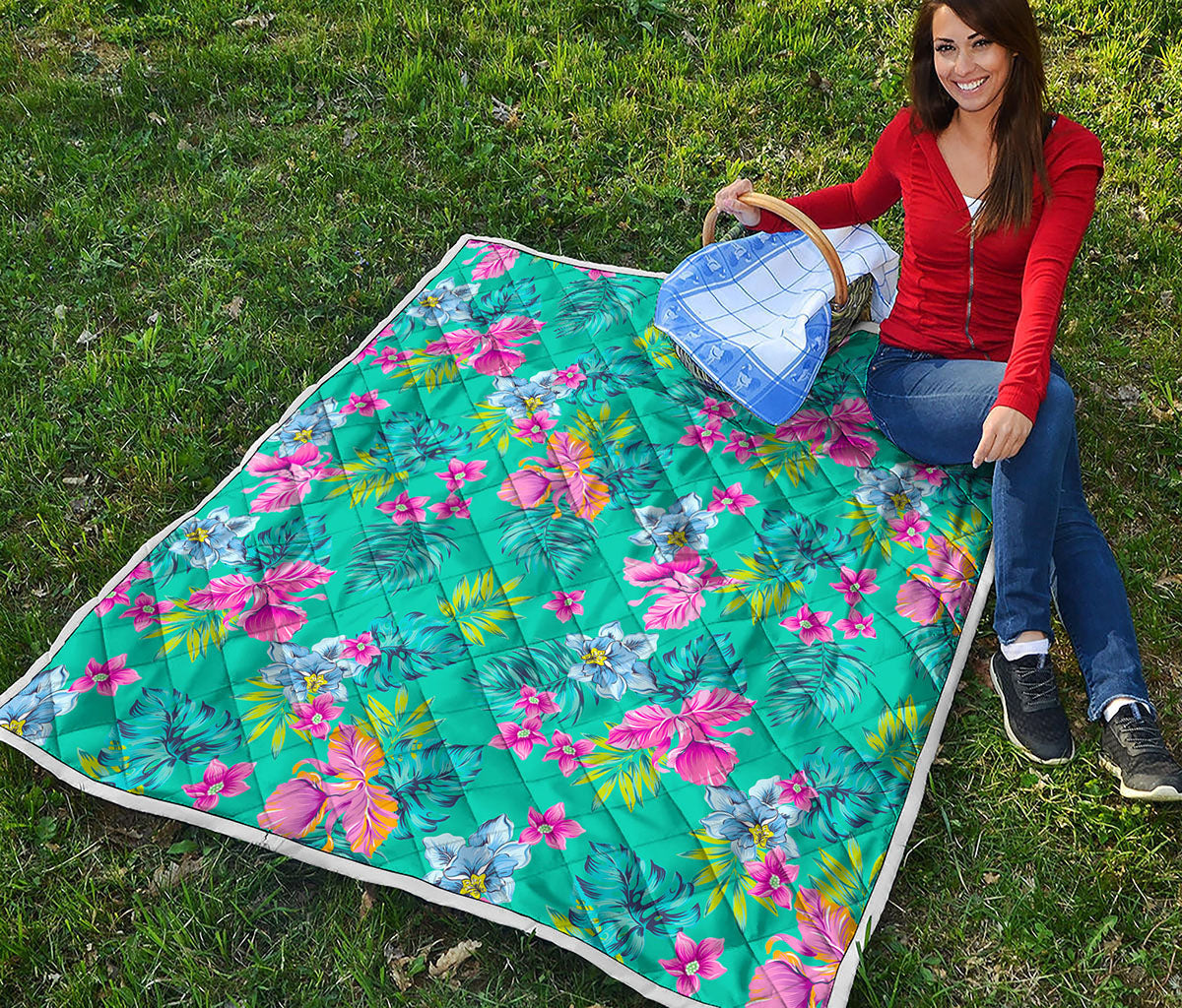 Teal Aloha Tropical Pattern Print Quilt