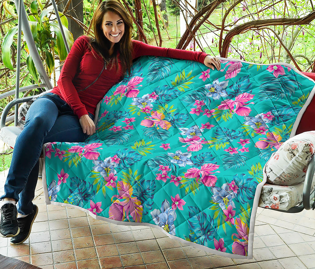 Teal Aloha Tropical Pattern Print Quilt
