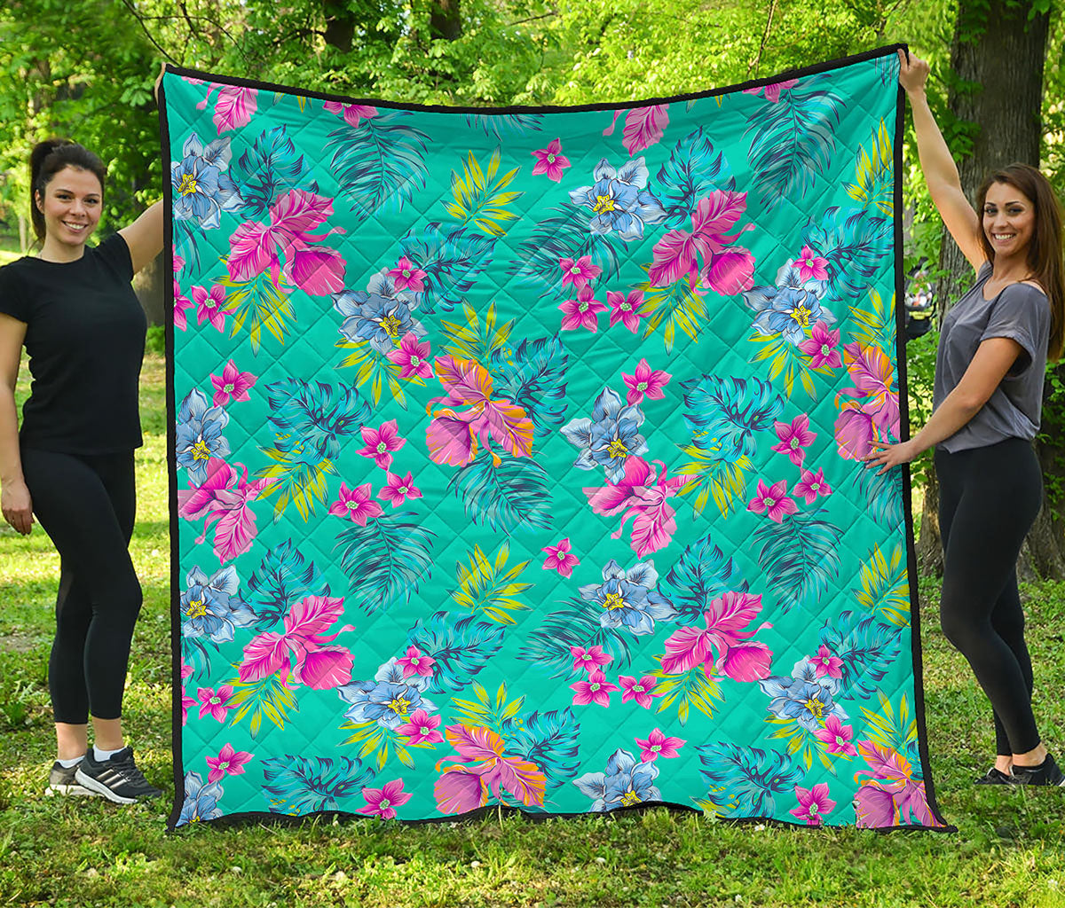 Teal Aloha Tropical Pattern Print Quilt