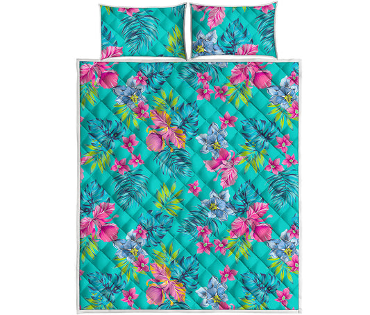 Teal Aloha Tropical Pattern Print Quilt Bed Set