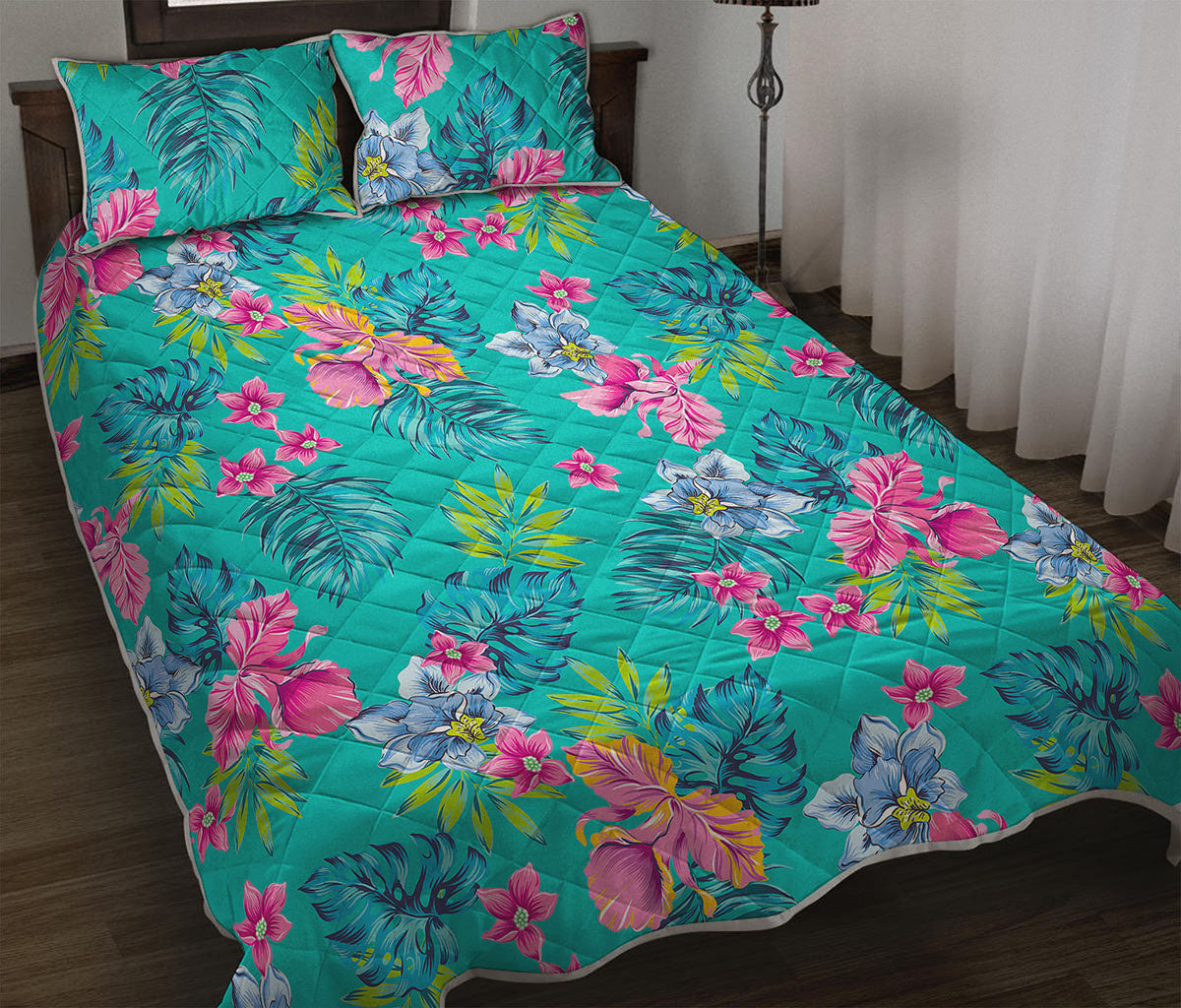 Teal Aloha Tropical Pattern Print Quilt Bed Set