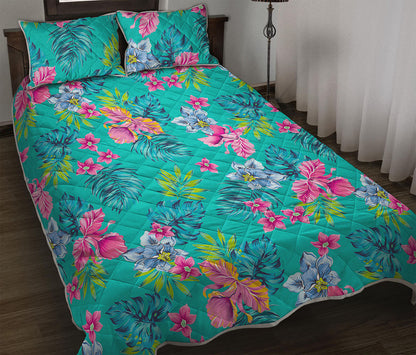 Teal Aloha Tropical Pattern Print Quilt Bed Set