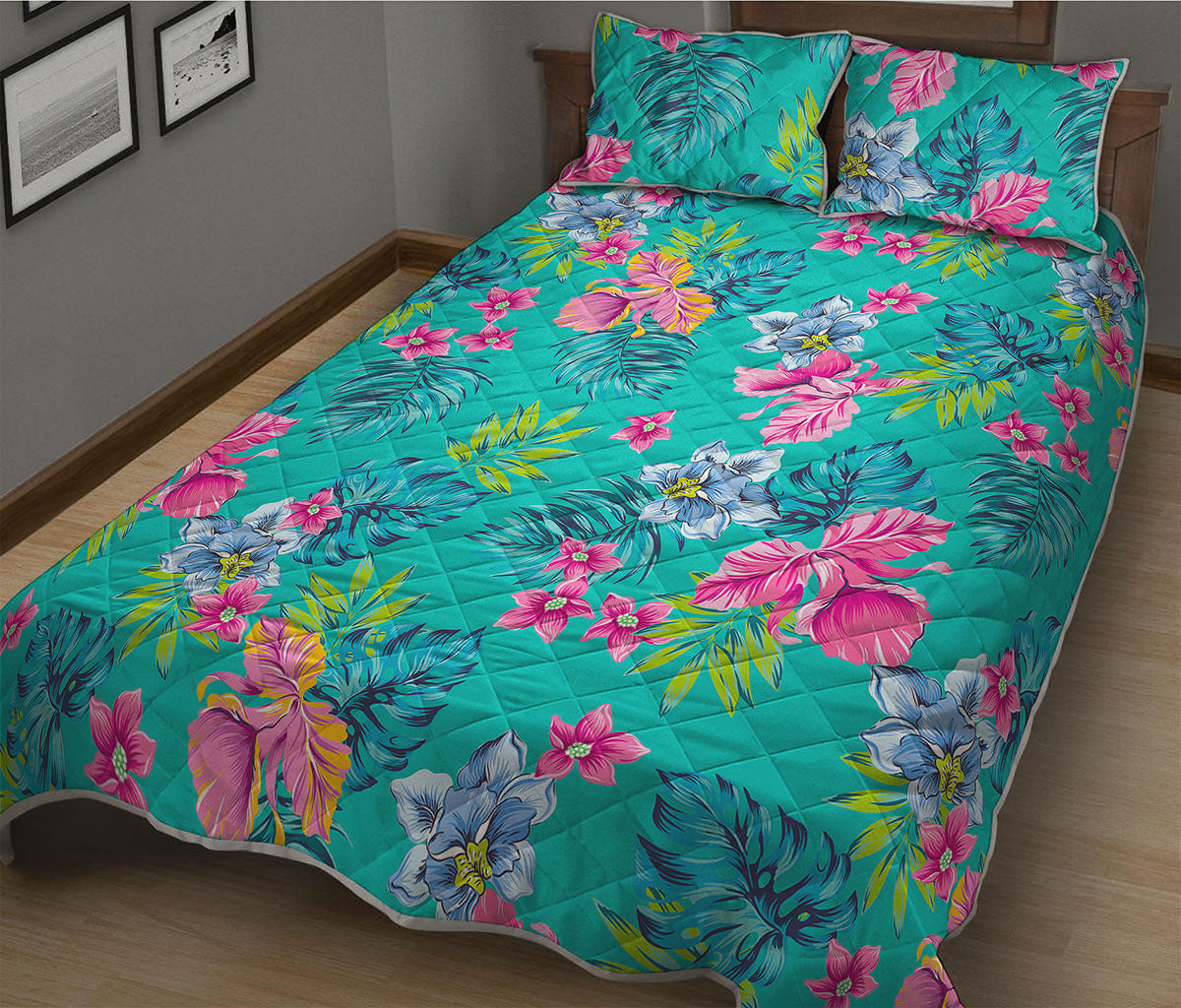Teal Aloha Tropical Pattern Print Quilt Bed Set