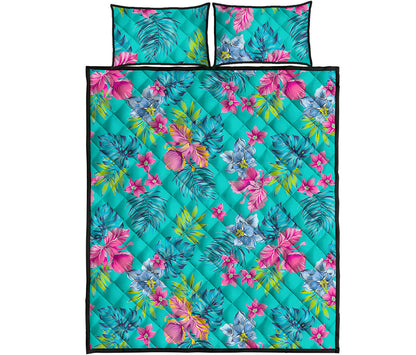 Teal Aloha Tropical Pattern Print Quilt Bed Set