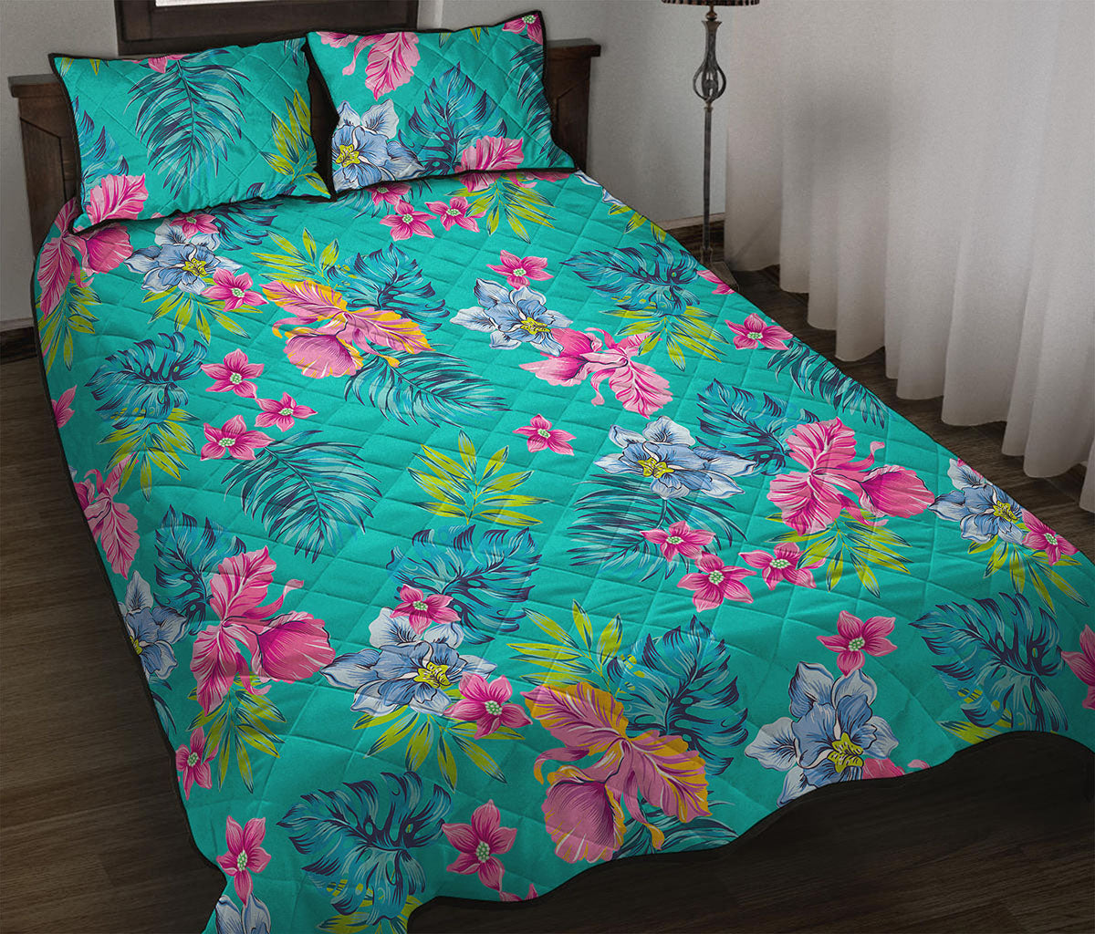Teal Aloha Tropical Pattern Print Quilt Bed Set