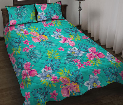 Teal Aloha Tropical Pattern Print Quilt Bed Set