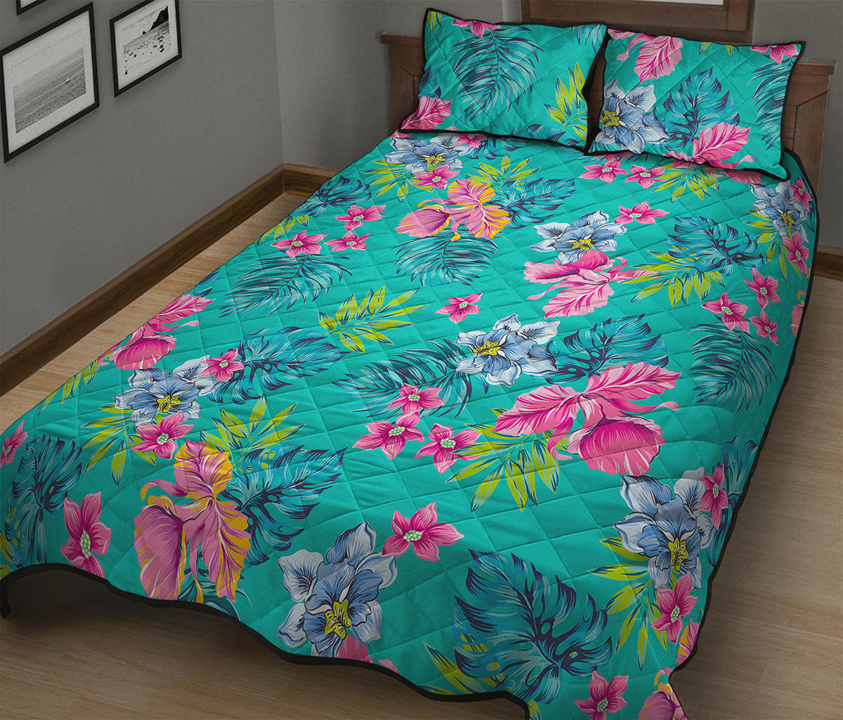 Teal Aloha Tropical Pattern Print Quilt Bed Set