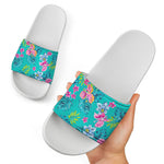 Teal Aloha Tropical Pattern Print White Slide Sandals