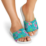 Teal Aloha Tropical Pattern Print White Slide Sandals