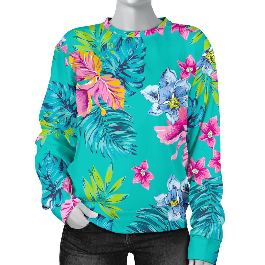 Teal Aloha Tropical Pattern Print Women's Crewneck Sweatshirt GearFrost