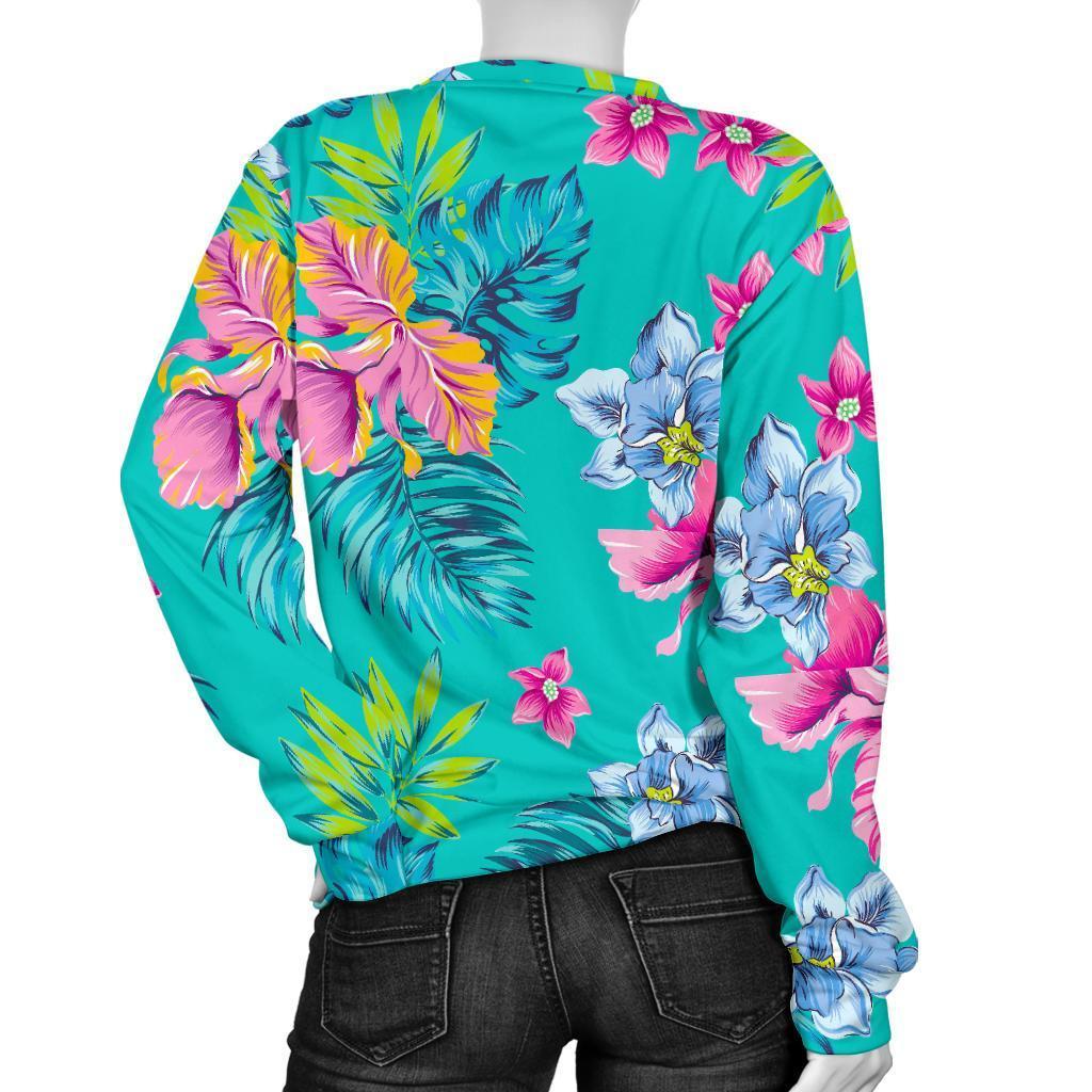 Teal Aloha Tropical Pattern Print Women's Crewneck Sweatshirt GearFrost