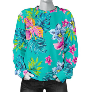Teal Aloha Tropical Pattern Print Women's Crewneck Sweatshirt GearFrost