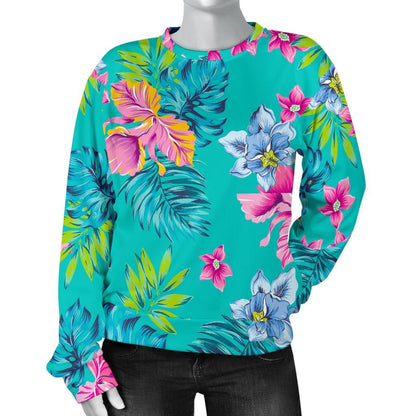 Teal Aloha Tropical Pattern Print Women's Crewneck Sweatshirt GearFrost