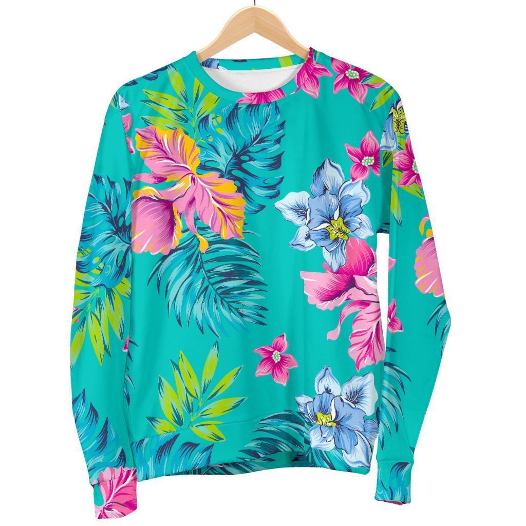 Teal Aloha Tropical Pattern Print Women's Crewneck Sweatshirt GearFrost