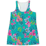 Teal Aloha Tropical Pattern Print Women's Racerback Tank Top