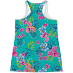 Teal Aloha Tropical Pattern Print Women's Racerback Tank Top