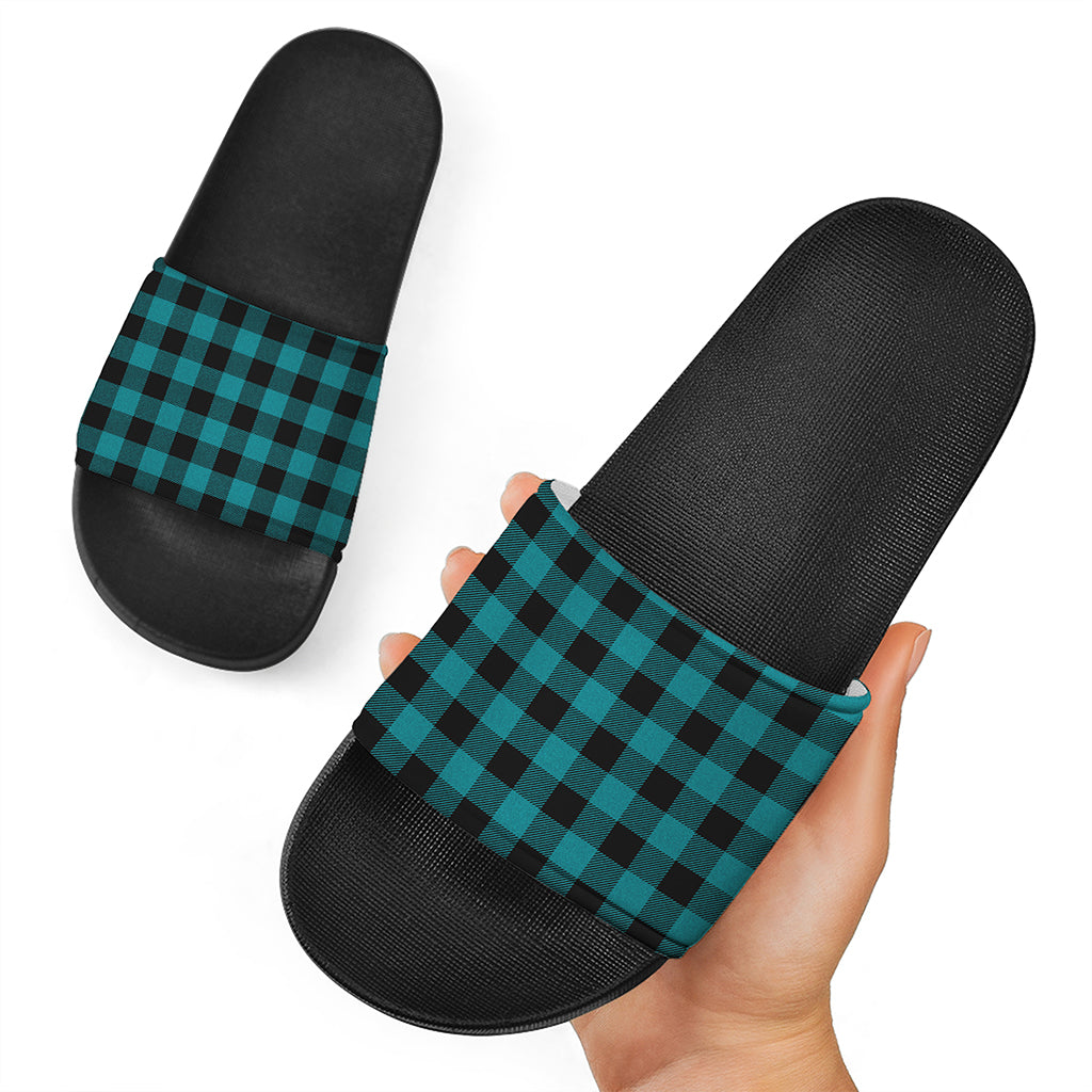 Teal And Black Buffalo Check Print Black Slide Sandals
