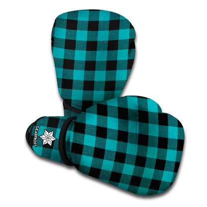 Teal And Black Buffalo Check Print Boxing Gloves
