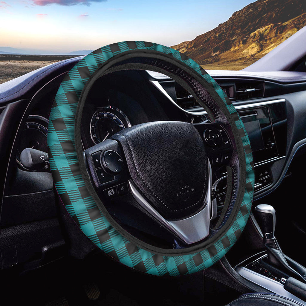 Teal And Black Buffalo Check Print Car Steering Wheel Cover