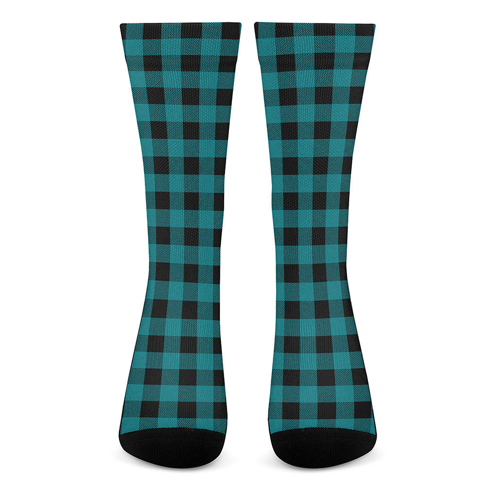 Teal And Black Buffalo Check Print Crew Socks