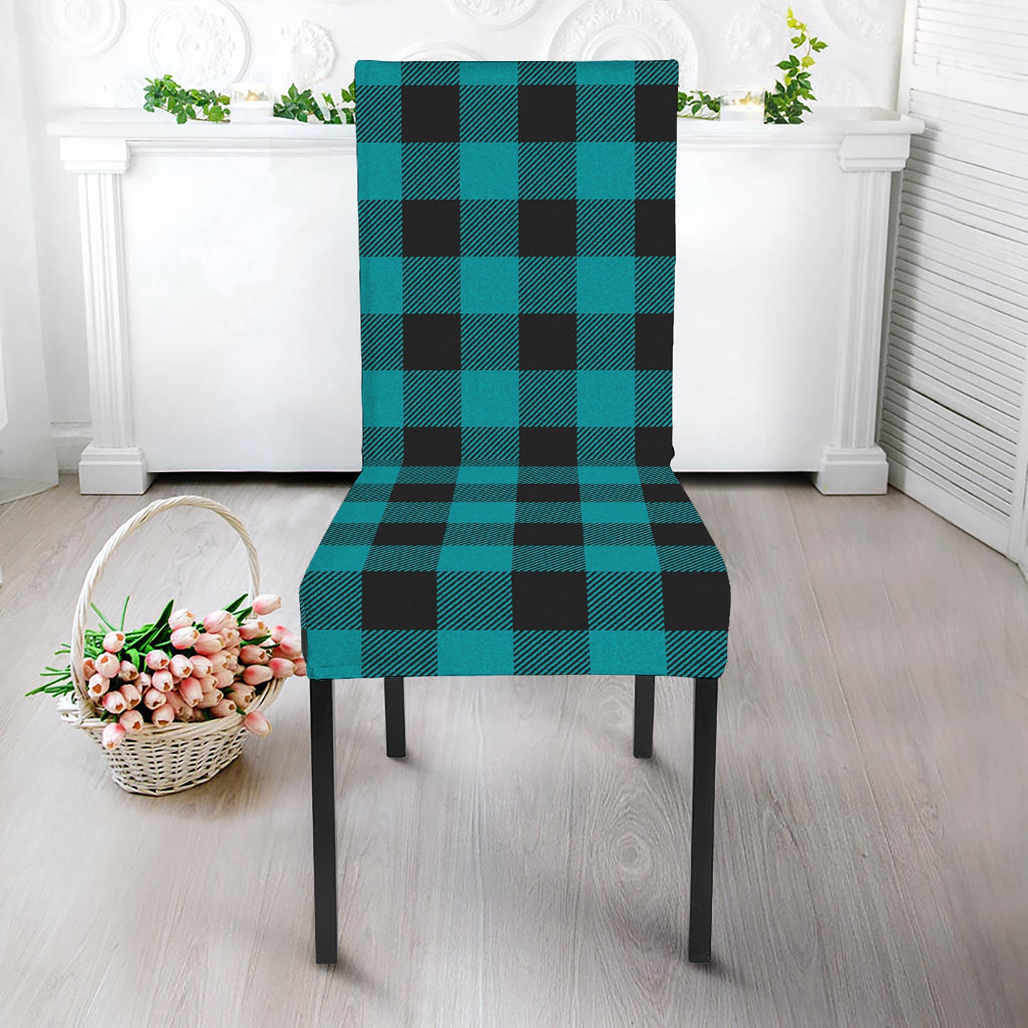 Teal And Black Buffalo Check Print Dining Chair Slipcover