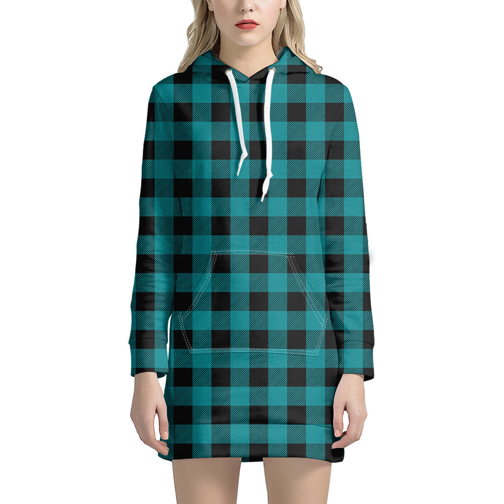 Teal And Black Buffalo Check Print Hoodie Dress