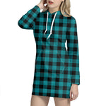 Teal And Black Buffalo Check Print Hoodie Dress