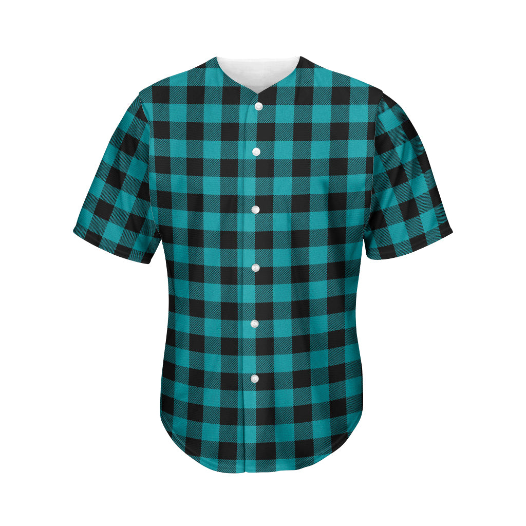 Teal And Black Buffalo Check Print Men's Baseball Jersey