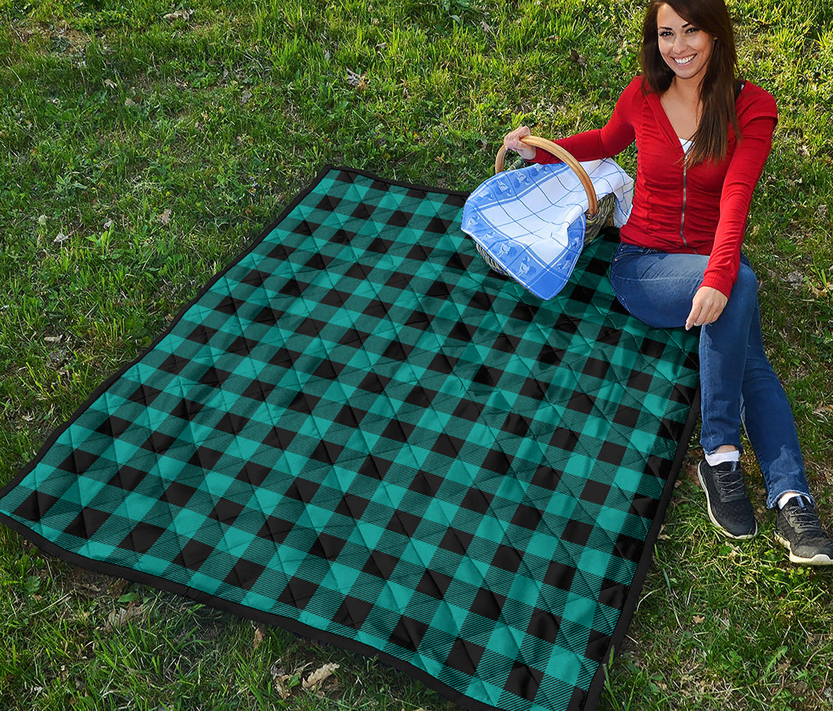 Teal And Black Buffalo Check Print Quilt