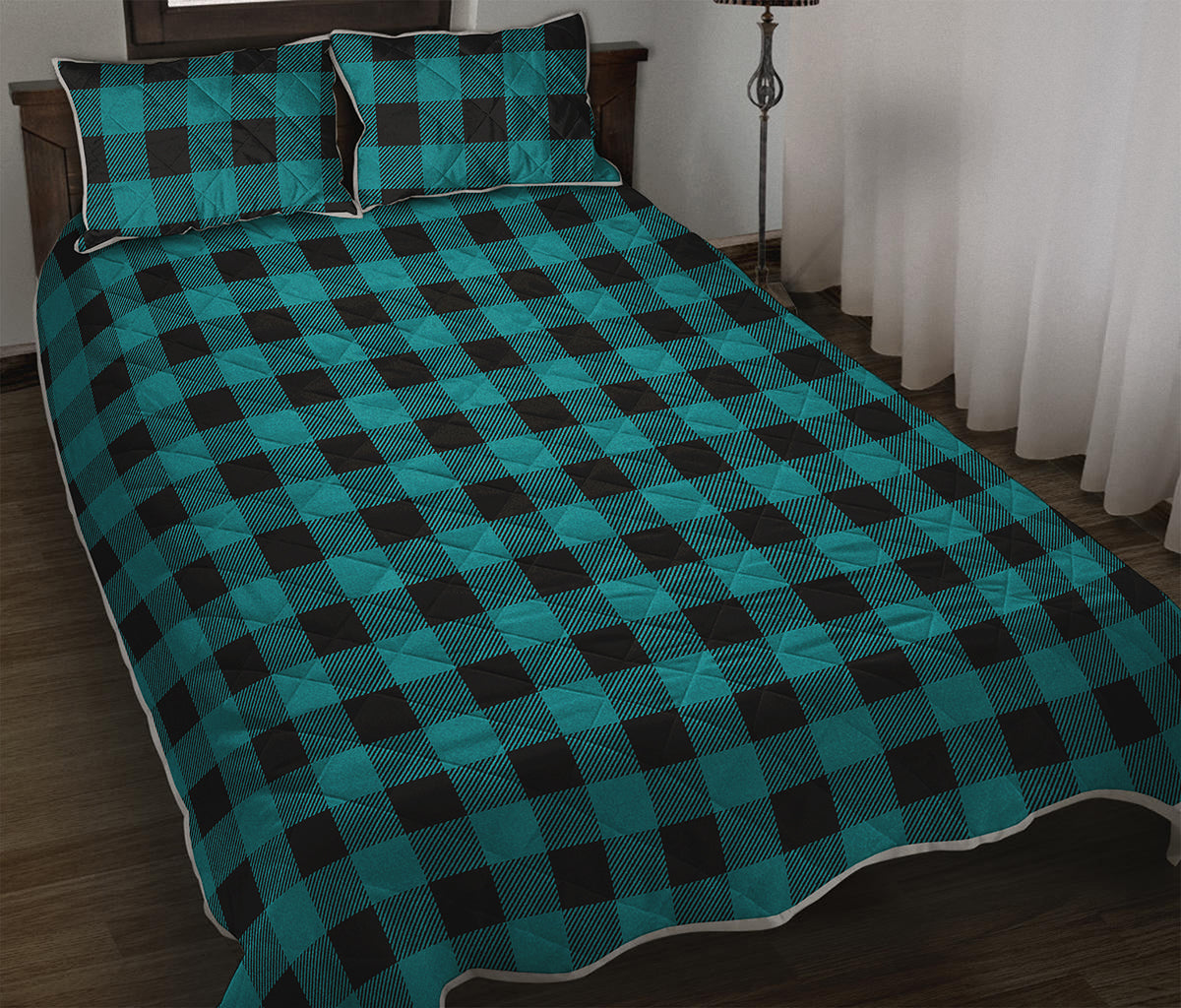Teal And Black Buffalo Check Print Quilt Bed Set