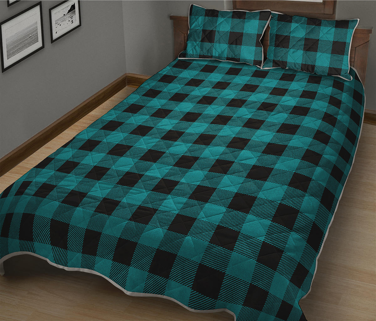 Teal And Black Buffalo Check Print Quilt Bed Set