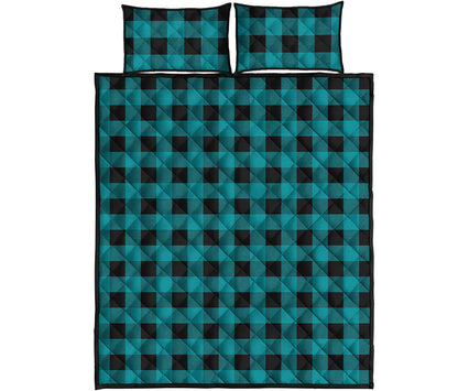 Teal And Black Buffalo Check Print Quilt Bed Set