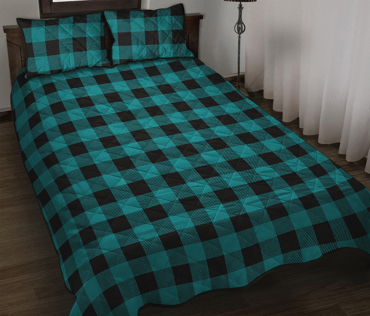 Teal And Black Buffalo Check Print Quilt Bed Set