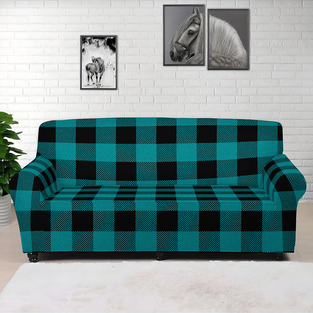 Teal And Black Buffalo Check Print Sofa Cover