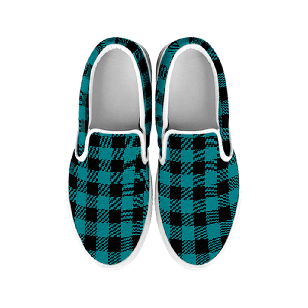 Teal And Black Buffalo Check Print White Slip On Shoes