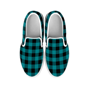 Teal And Black Buffalo Check Print White Slip On Shoes