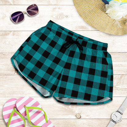 Teal And Black Buffalo Check Print Women's Shorts