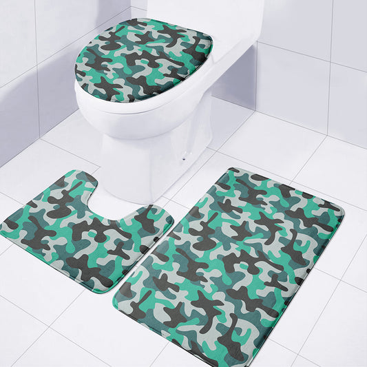 Teal And Black Camouflage Print 3 Piece Bath Mat Set
