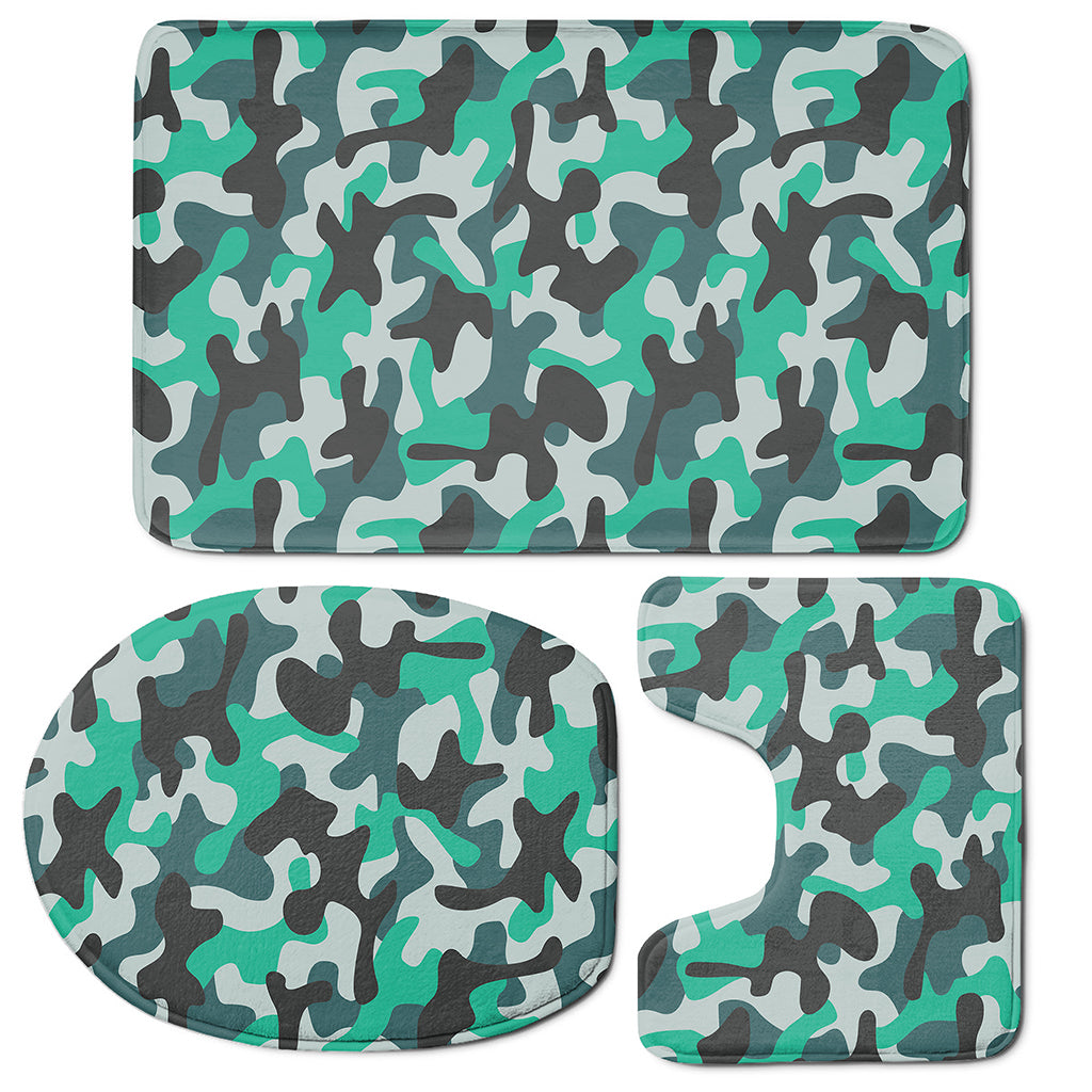 Teal And Black Camouflage Print 3 Piece Bath Mat Set