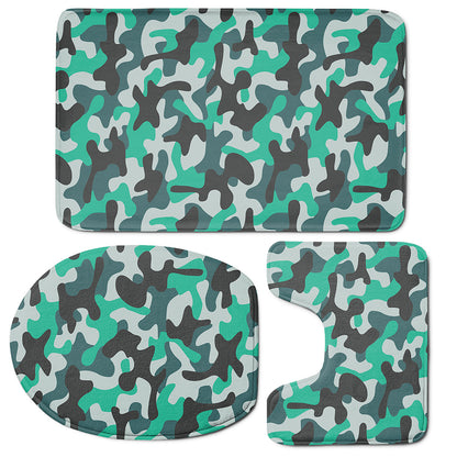 Teal And Black Camouflage Print 3 Piece Bath Mat Set