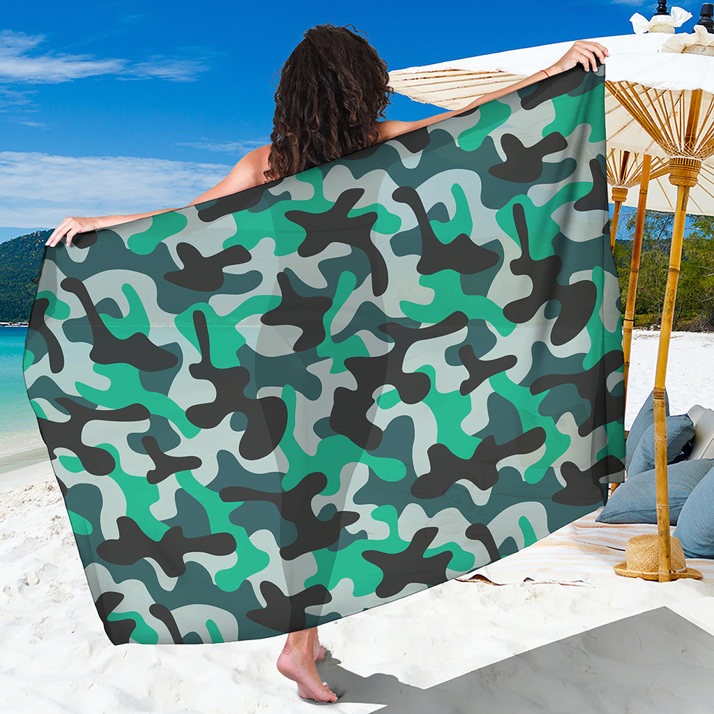 Teal And Black Camouflage Print Beach Sarong Wrap