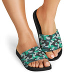 Teal And Black Camouflage Print Black Slide Sandals