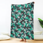 Teal And Black Camouflage Print Blanket