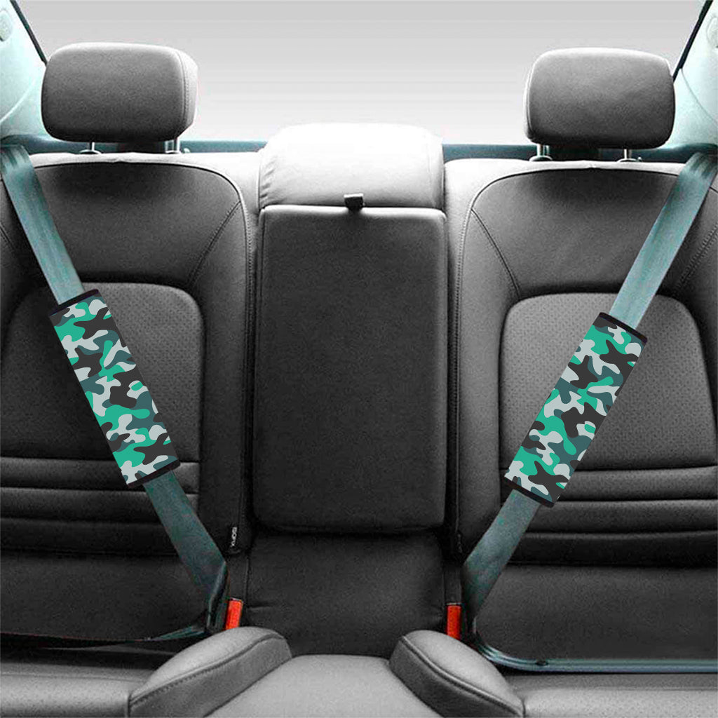 Teal And Black Camouflage Print Car Seat Belt Covers