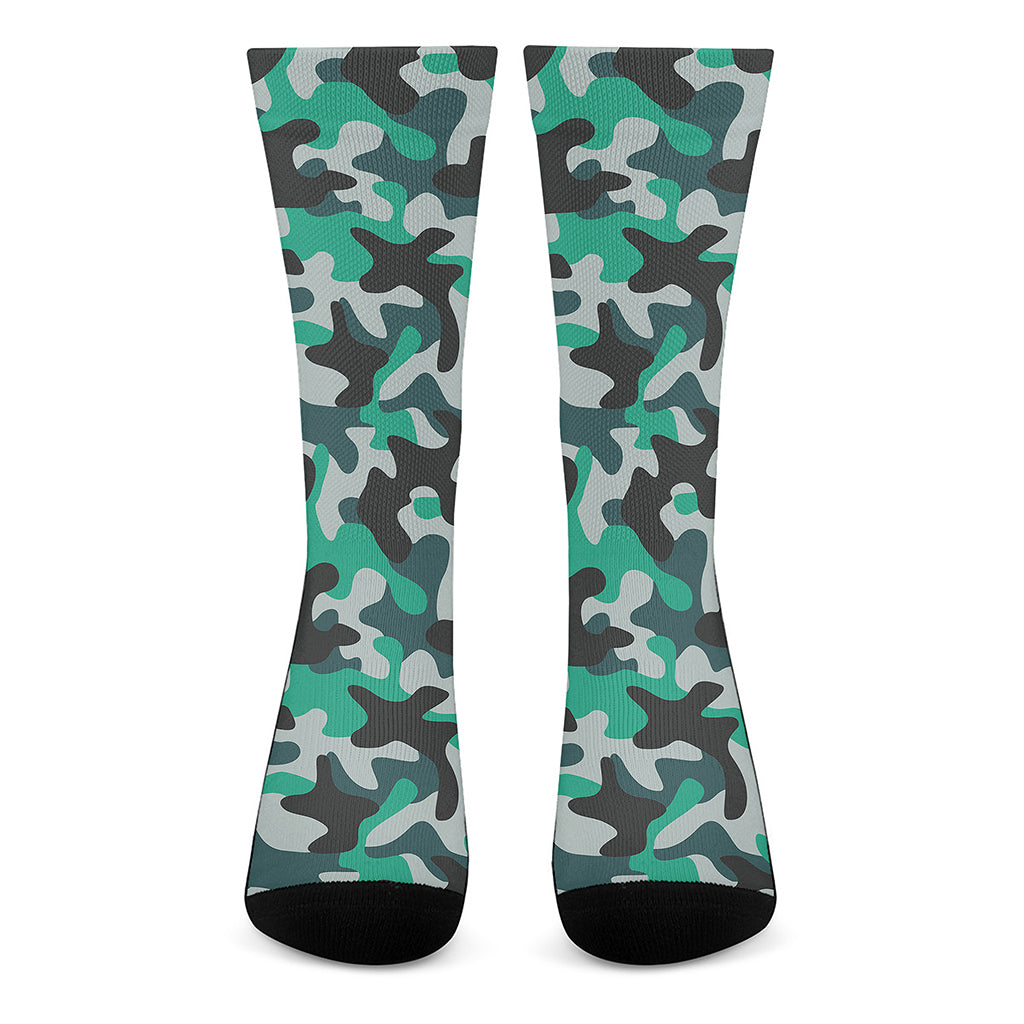 Teal And Black Camouflage Print Crew Socks