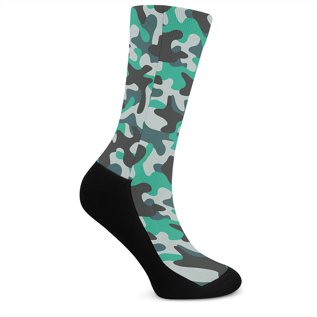 Teal And Black Camouflage Print Crew Socks