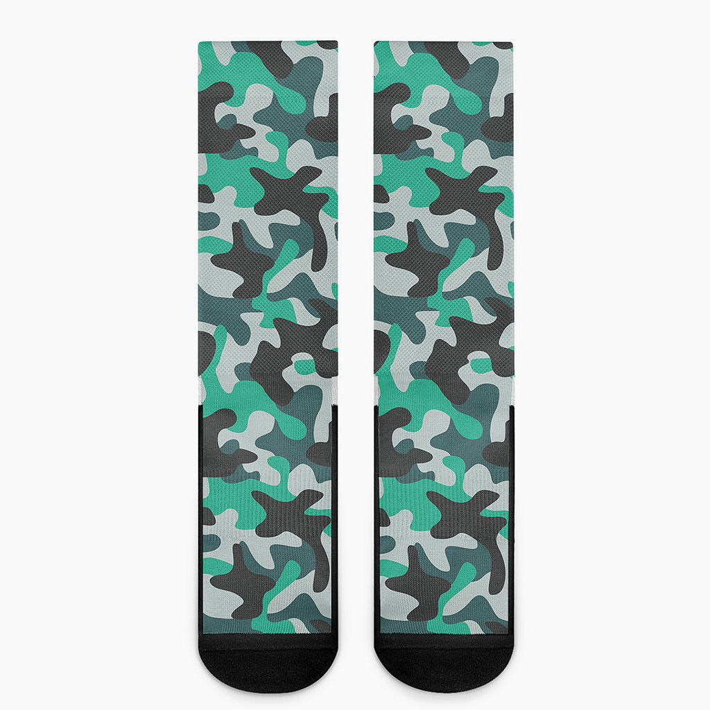 Teal And Black Camouflage Print Crew Socks